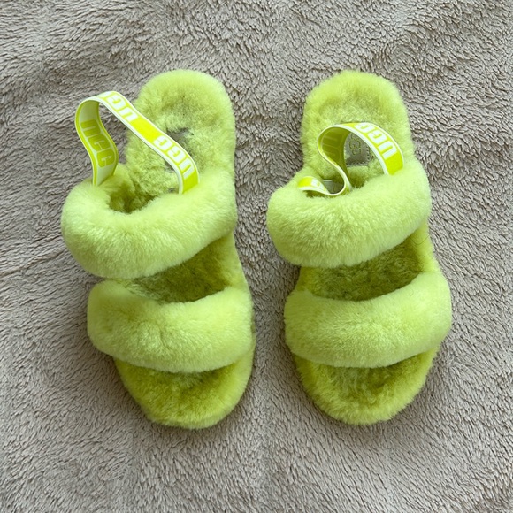 UGG Shoes - UGG fluffy brat yellow green lime slides size 39, US size 8